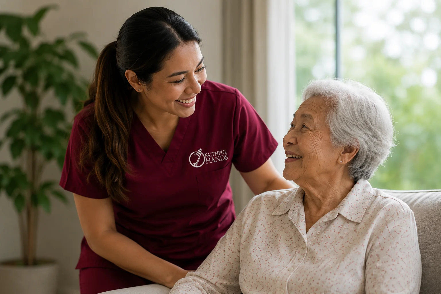 An Asian caregiver and an older Asian woman smiling together at home