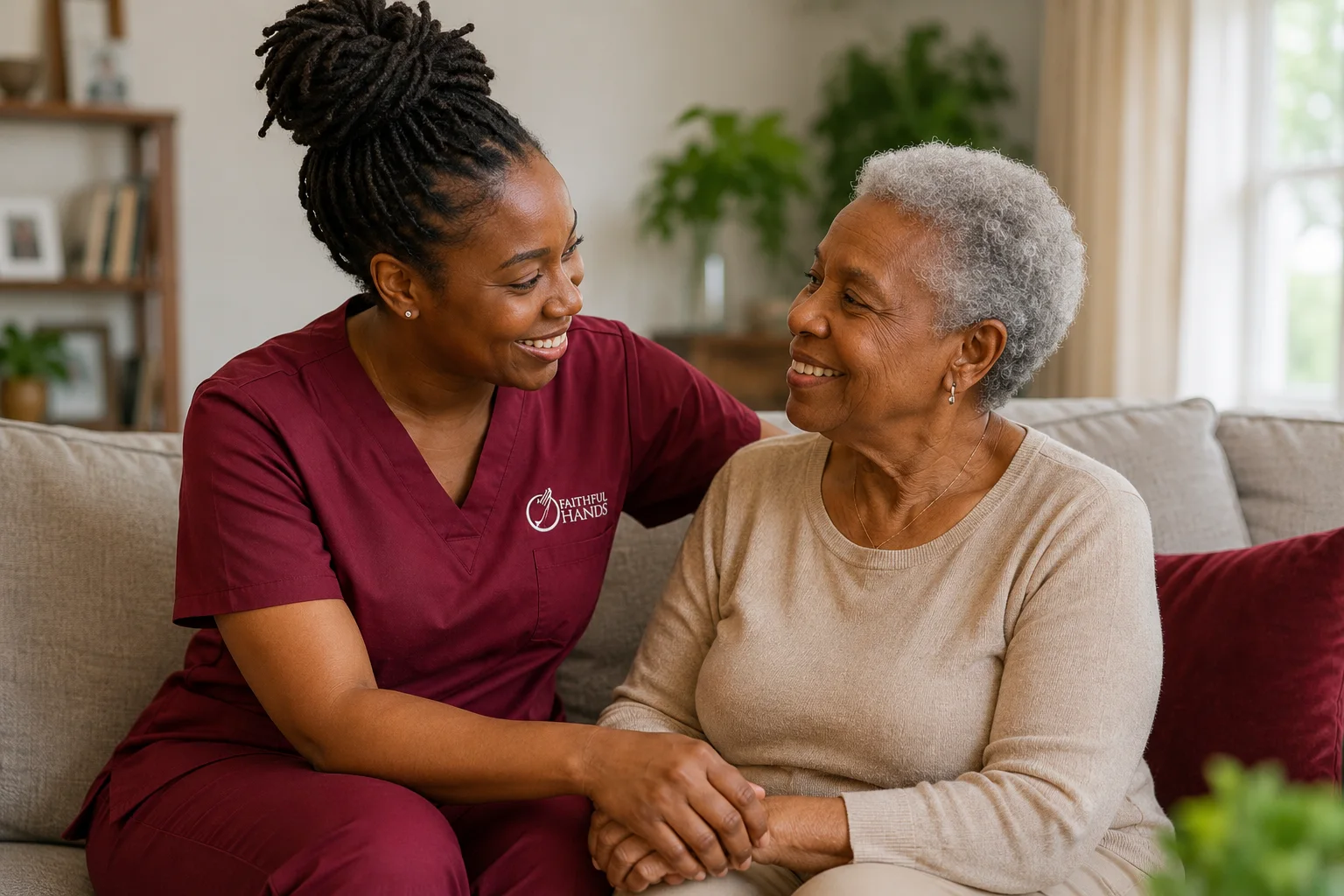 A Black Faithful Hands caregiver sharing a warm moment with an older Black woman at home