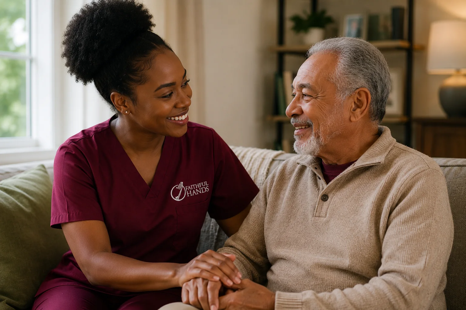 A caregiver providing warm companionship to an older man at home