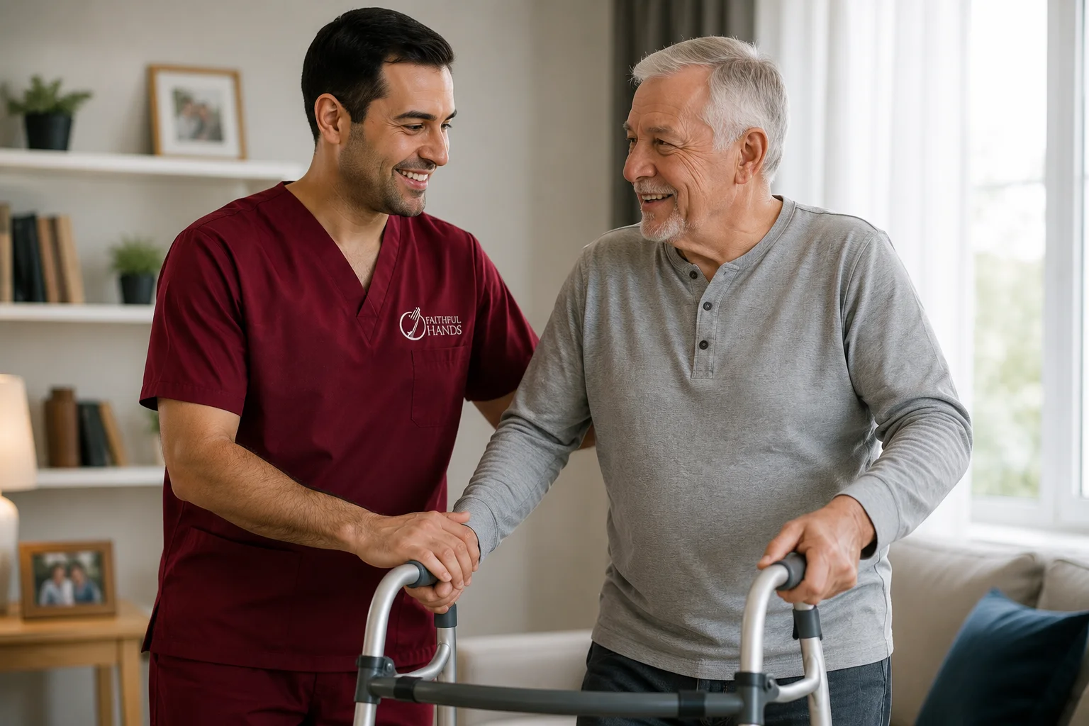 A Faithful Hands caregiver helping an older man move confidently with his walker at home