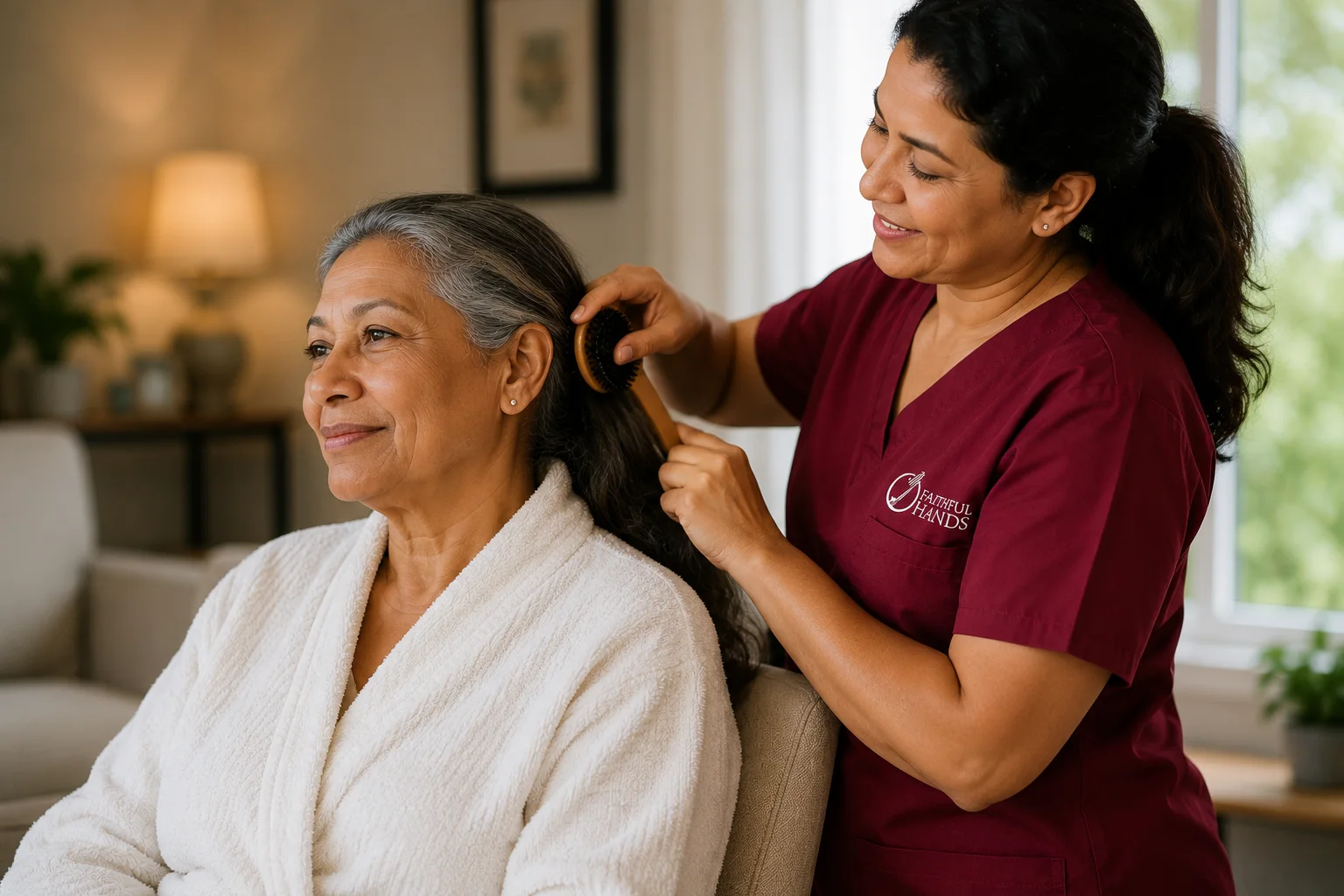 A caregiver gently assisting an older woman